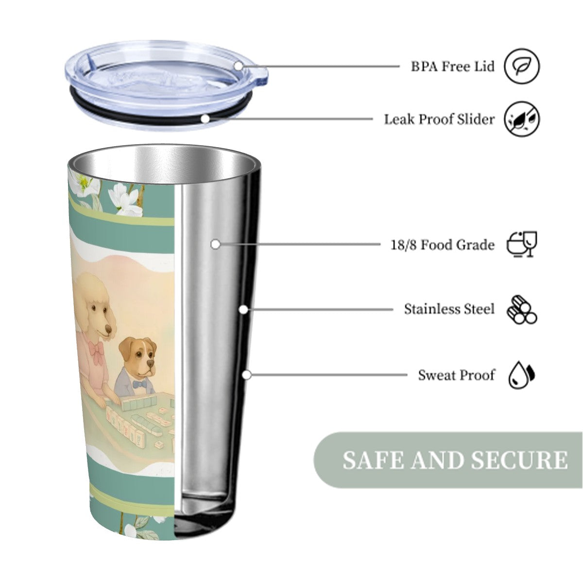Mahjong Tumbler, Dogs Playing Mahj, Quirky Cute Stainless Steel Insulated Tumblers with Lid & Straw