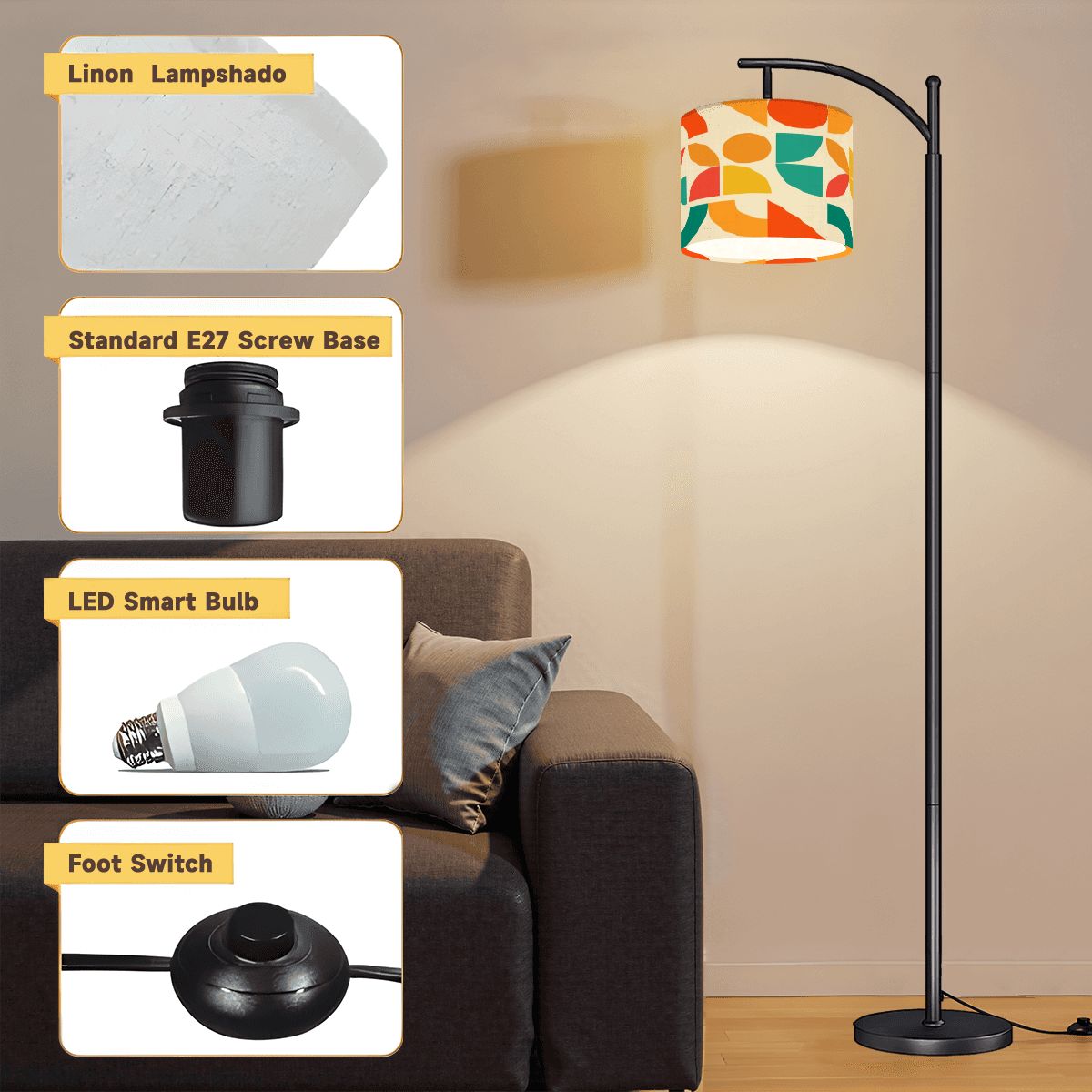 Geometric Sunshine Color Pop Orange Teal Yellow Modern Arc Floor Lamp