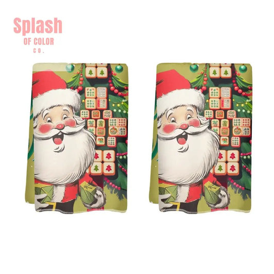 Festive Fun Mahjong Christmas Dishtowels, Hostess Gifts, Merry Mahj Tree And Vintage Santa - Splash of Color co.