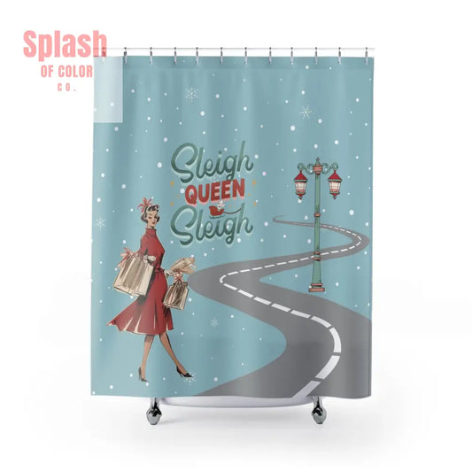 Festive Mahjong Christmas Shower Curtain with ’Sleigh Queen Sleigh’ Design 71’’ × 74’’ Home Decor