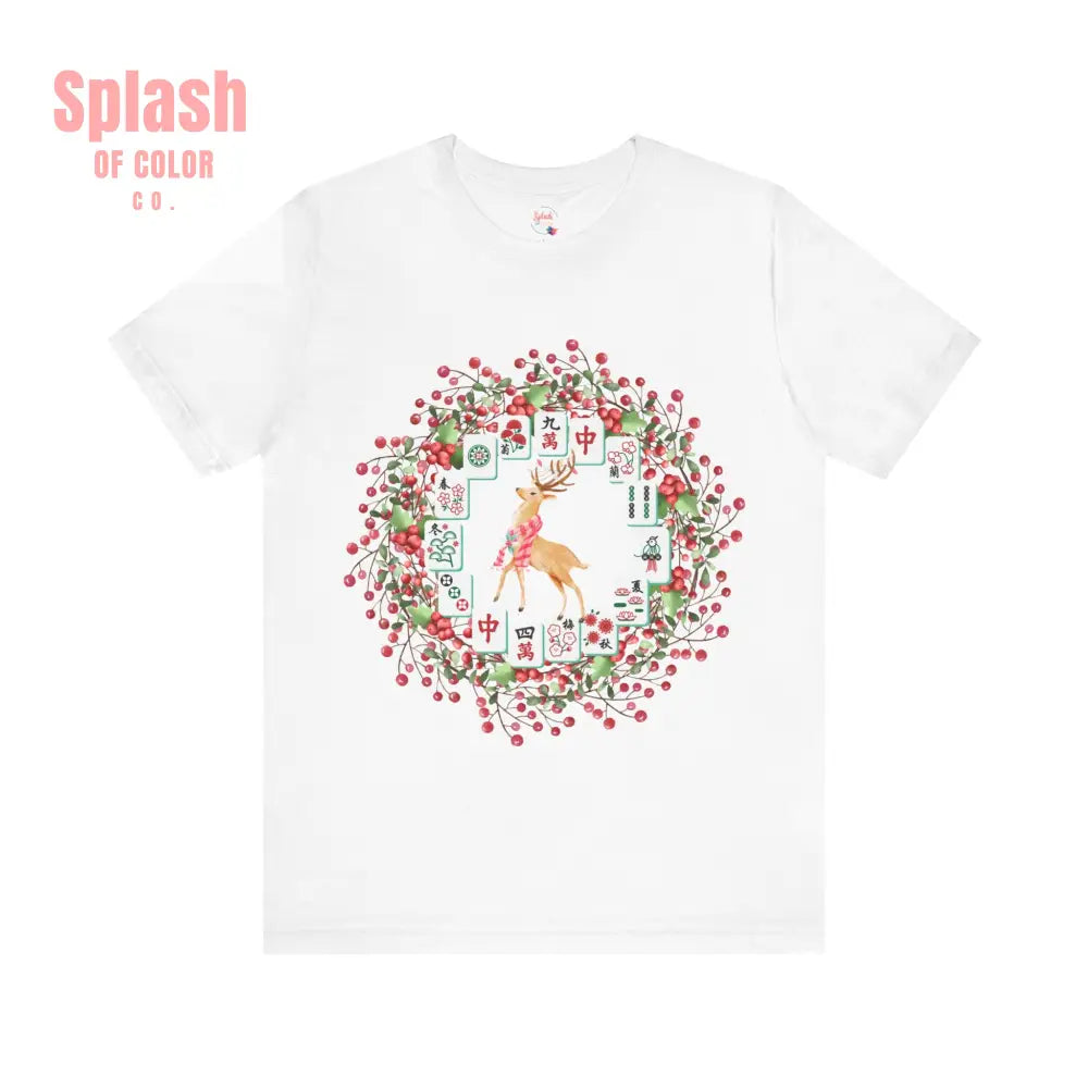 Festive Mahjong Tile Wreath Deer T Shirt | Christmas Tee Holiday Mahj Group Tee T Shirt