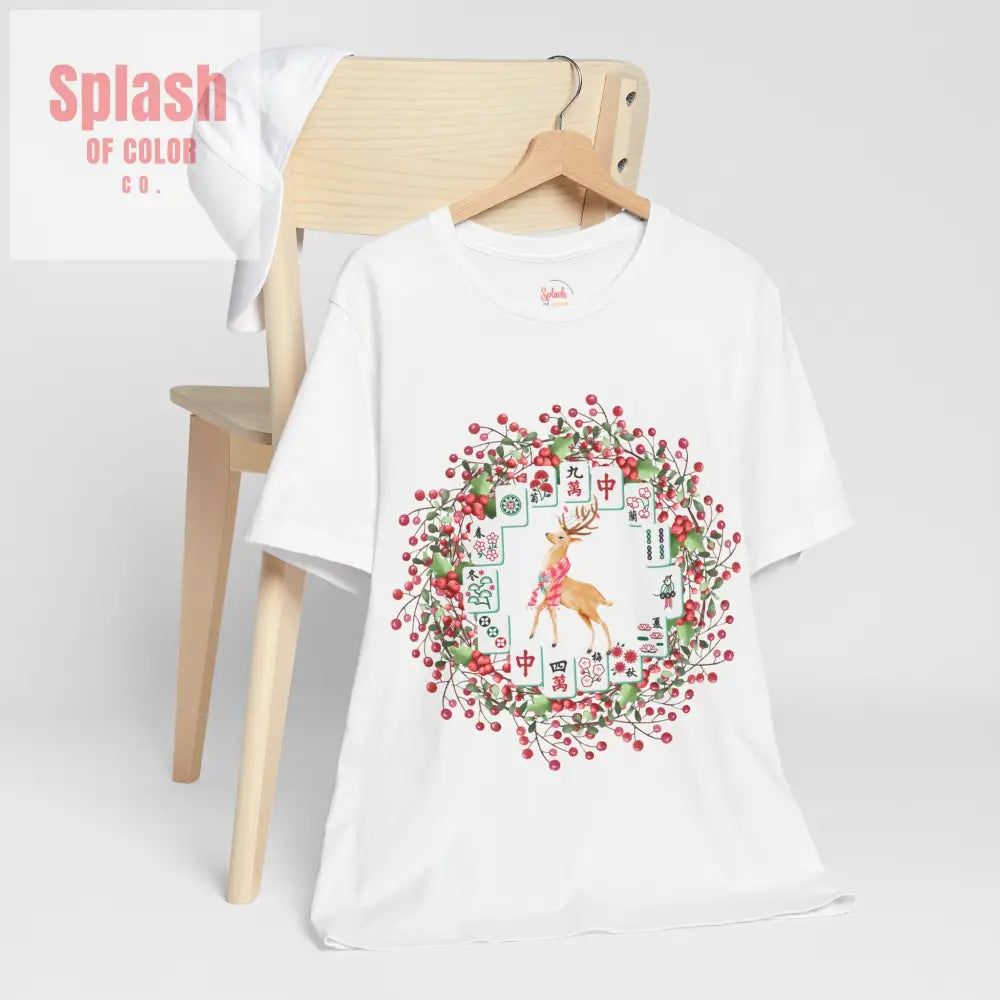 Festive Mahjong Tile Wreath Deer T Shirt | Christmas Tee Holiday Mahj Group Tee White / S T Shirt