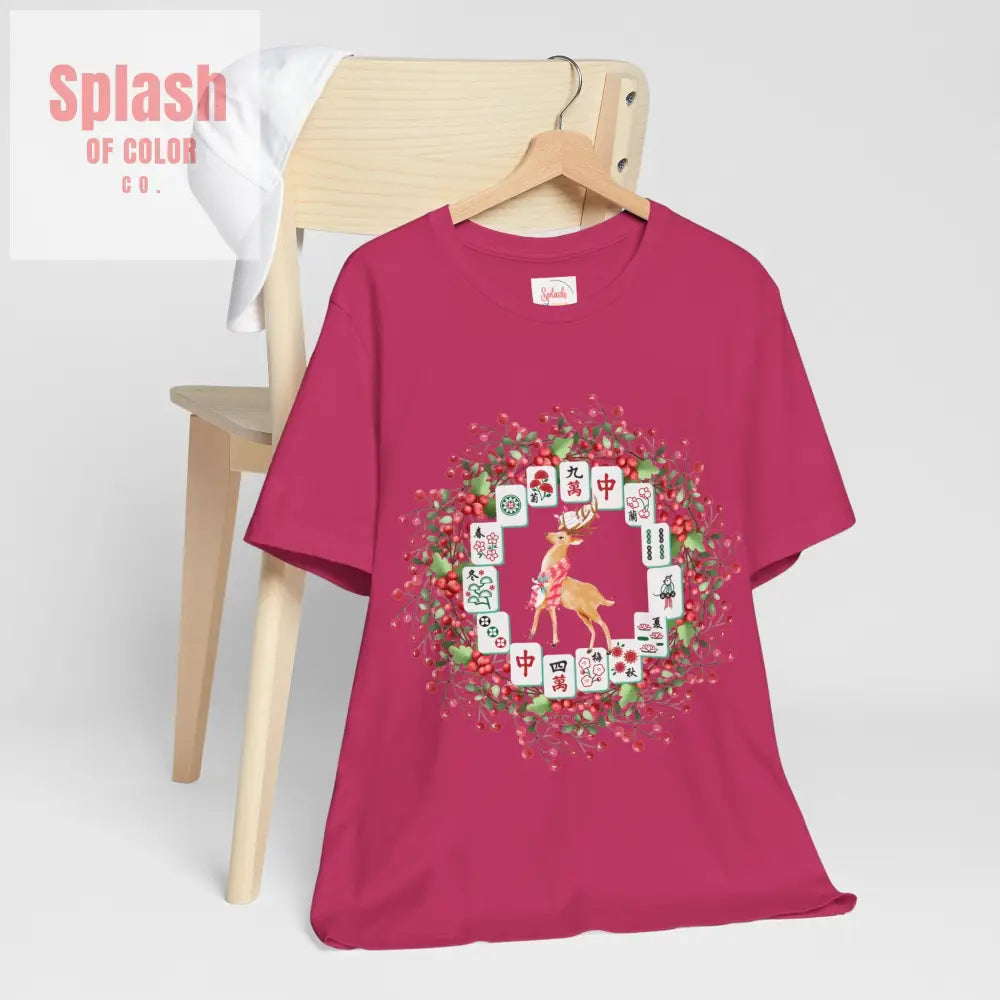 Festive Mahjong Tile Wreath Deer T Shirt | Christmas Tee Holiday Mahj Group Tee T Shirt