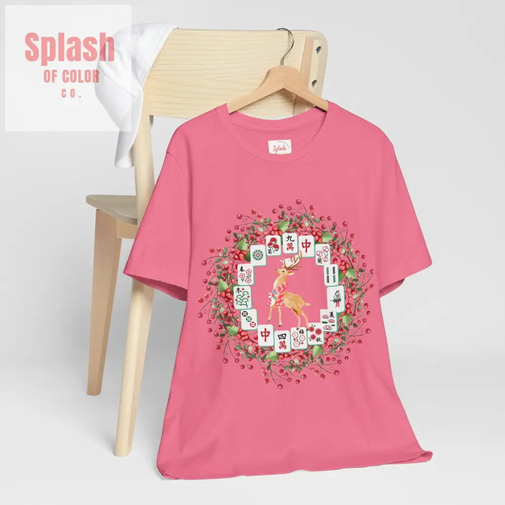 Festive Mahjong Tile Wreath Deer T Shirt | Christmas Tee Holiday Mahj Group Tee T Shirt