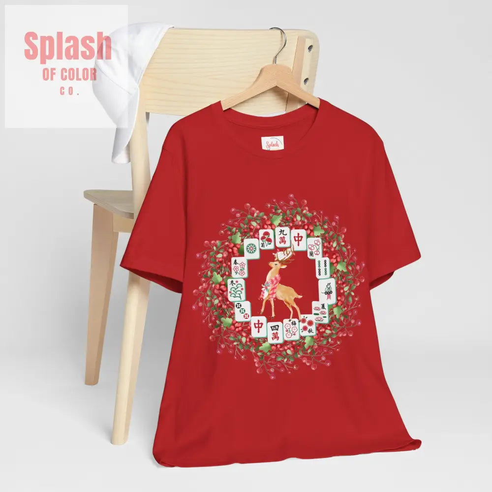 Festive Mahjong Tile Wreath Deer T Shirt | Christmas Tee Holiday Mahj Group Tee T Shirt