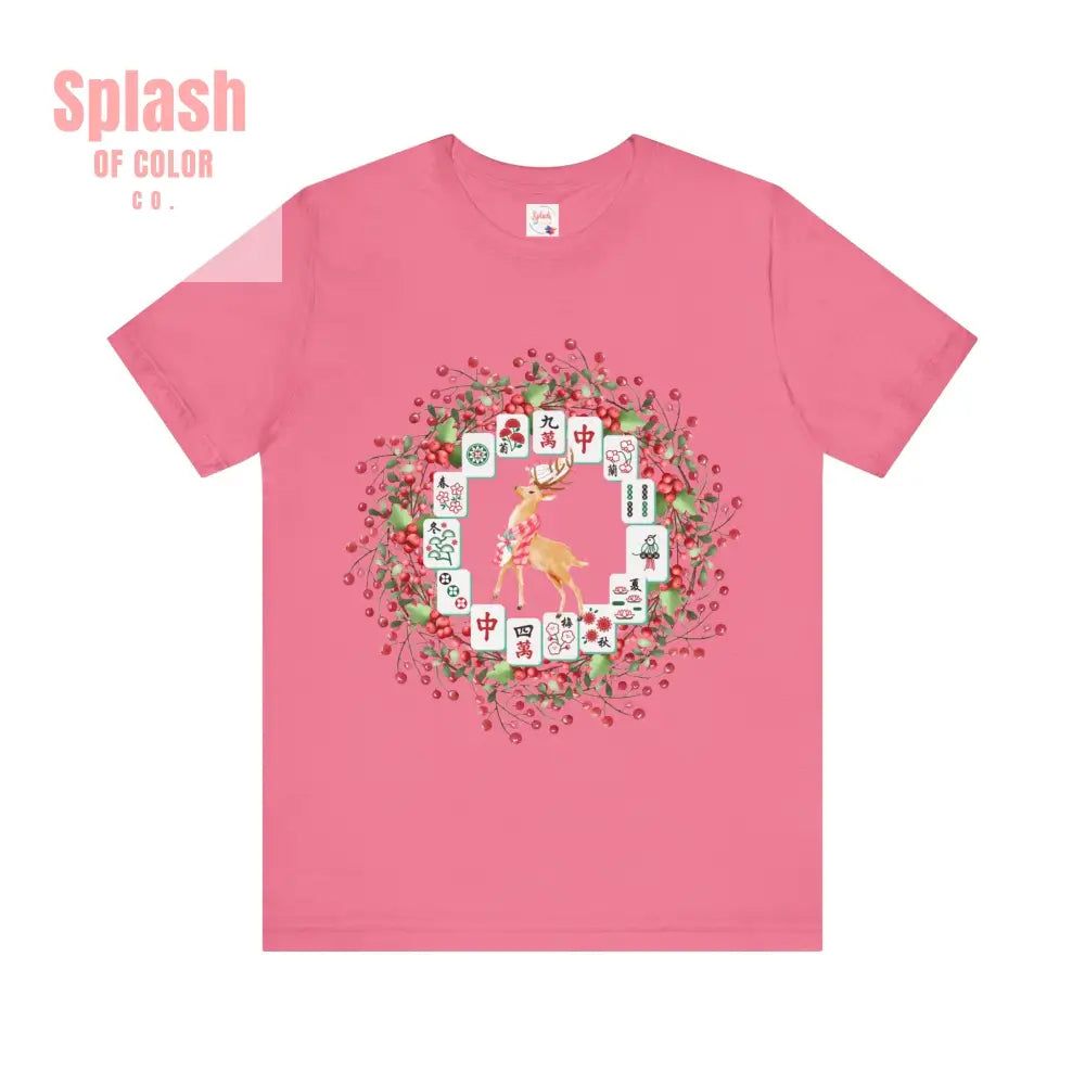 Festive Mahjong Tile Wreath Deer T Shirt | Christmas Tee Holiday Mahj Group Tee Charity Pink / S T Shirt