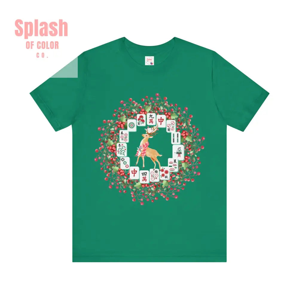 Festive Mahjong Tile Wreath Deer T Shirt | Christmas Tee Holiday Mahj Group Tee Kelly / S T Shirt