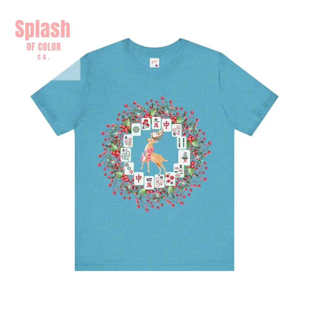 Festive Mahjong Tile Wreath Deer T Shirt | Christmas Tee Holiday Mahj Group Tee Heather Aqua / S T Shirt