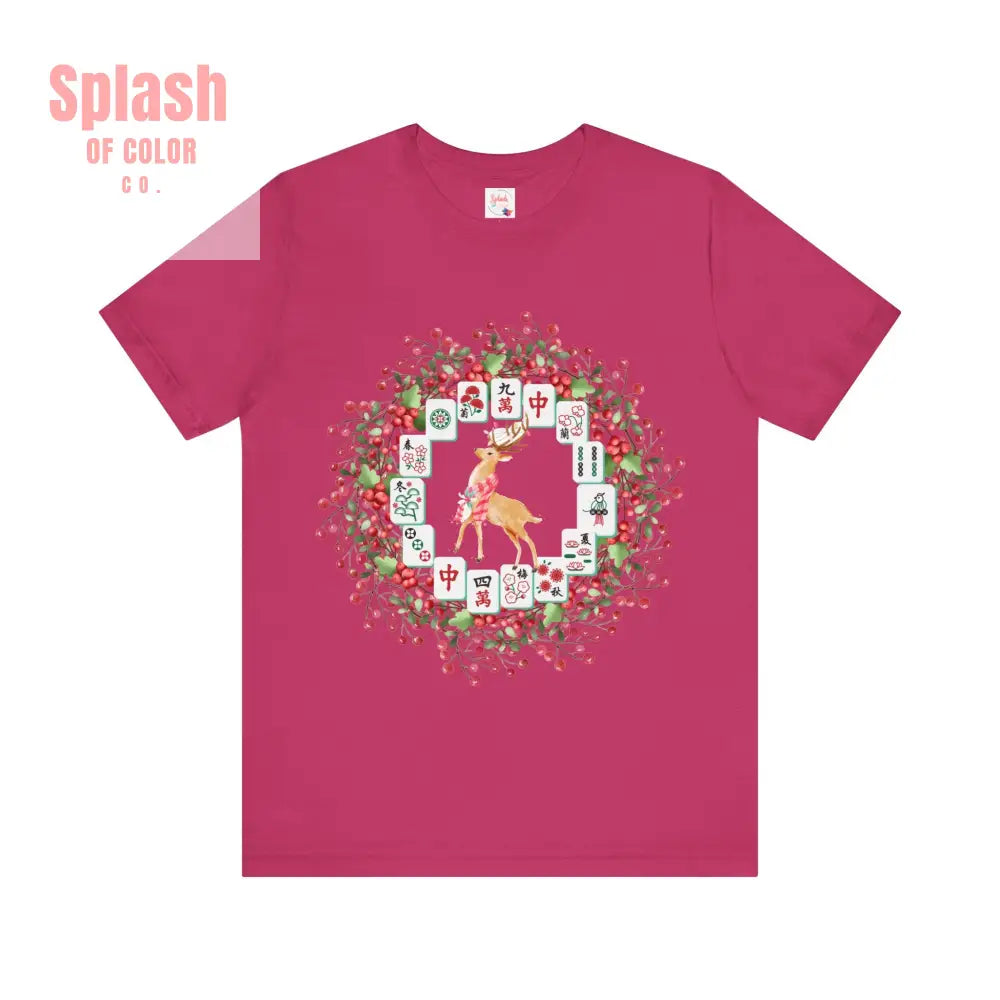 Festive Mahjong Tile Wreath Deer T Shirt | Christmas Tee Holiday Mahj Group Tee Berry / S T Shirt