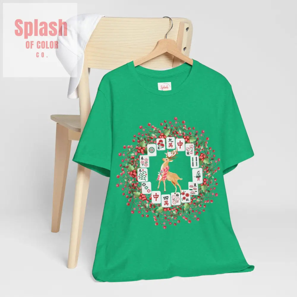 Festive Mahjong Tile Wreath Deer T Shirt | Christmas Tee Holiday Mahj Group Tee T Shirt