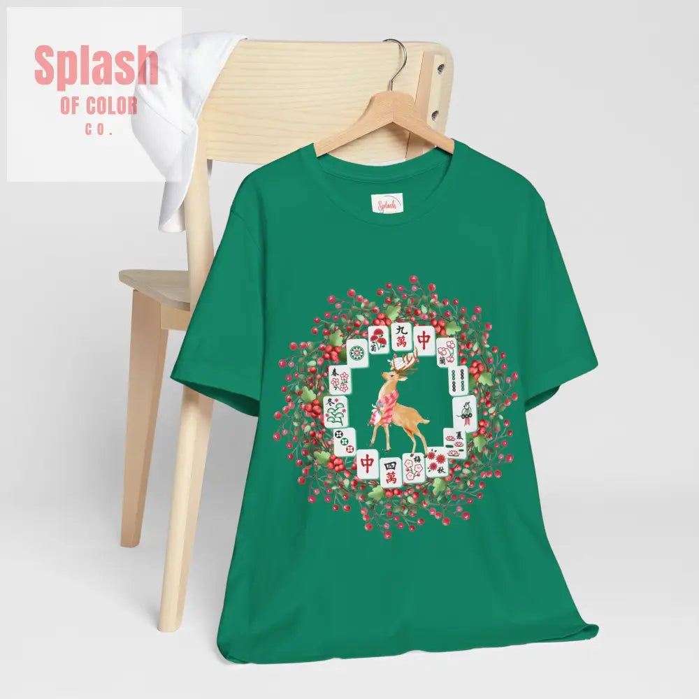Festive Mahjong Tile Wreath Deer T Shirt | Christmas Tee Holiday Mahj Group Tee T Shirt