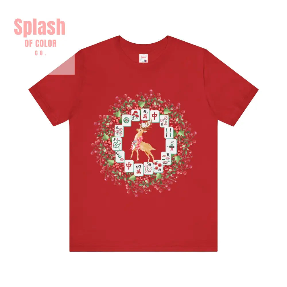 Festive Mahjong Tile Wreath Deer T Shirt | Christmas Tee Holiday Mahj Group Tee Red / S T Shirt