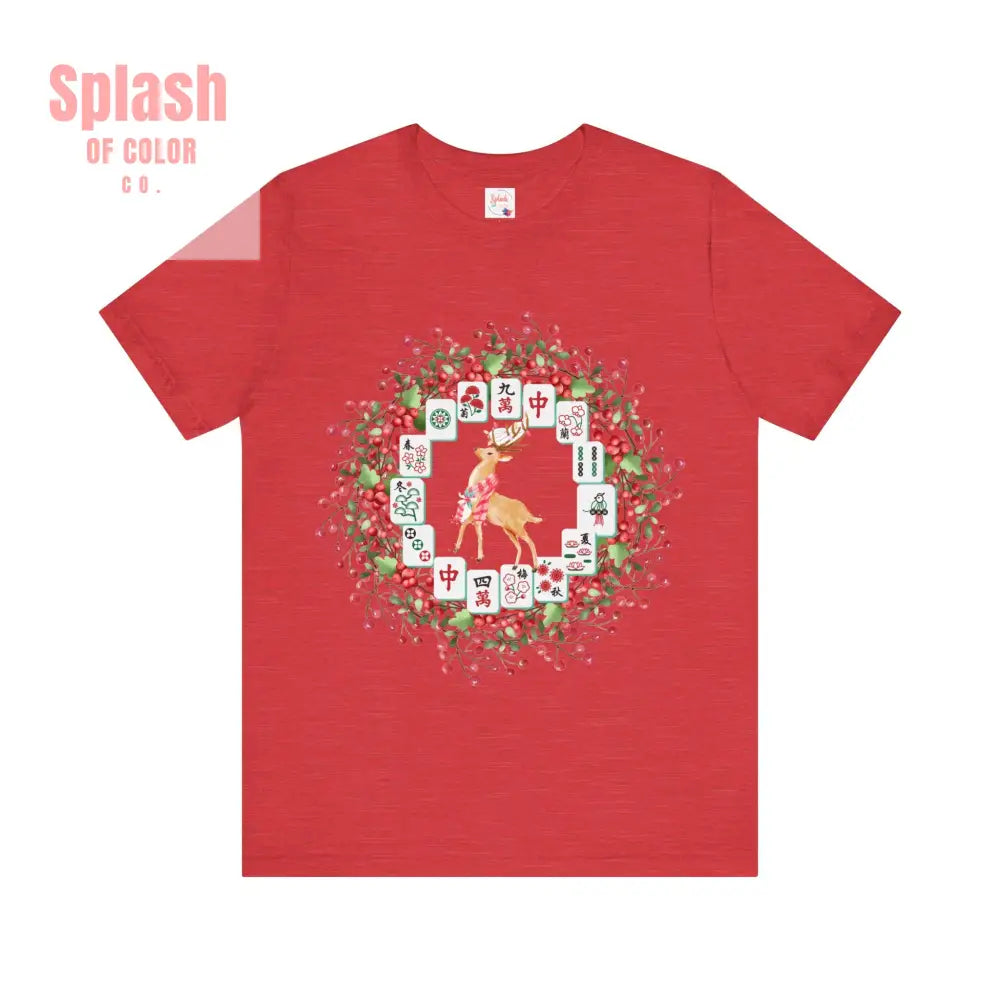 Festive Mahjong Tile Wreath Deer T Shirt | Christmas Tee Holiday Mahj Group Tee Heather Red / S T Shirt