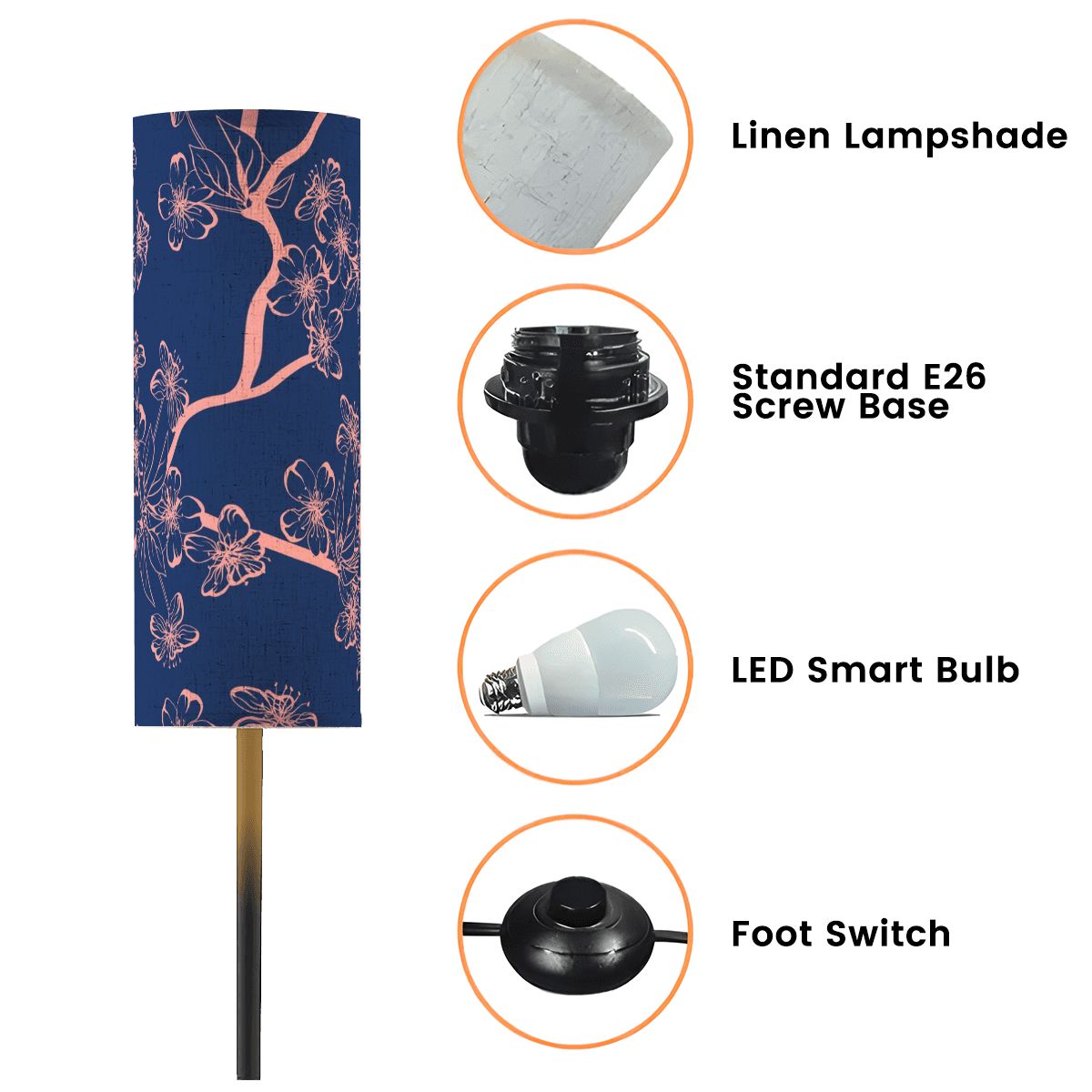 Floral Royal Blue Pink Asian Zen Reading Nook Floor Lamp Modern Standing Lamp