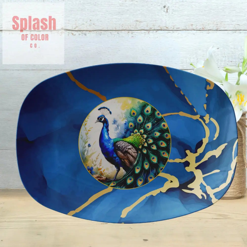 Floral Blue Peacock Marbled Watercolor With Gold Accents Hosting Platter - Kitchenware