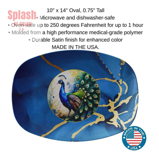 Floral Blue Peacock Marbled Watercolor With Gold Accents Hosting Platter - Splash of Color co.