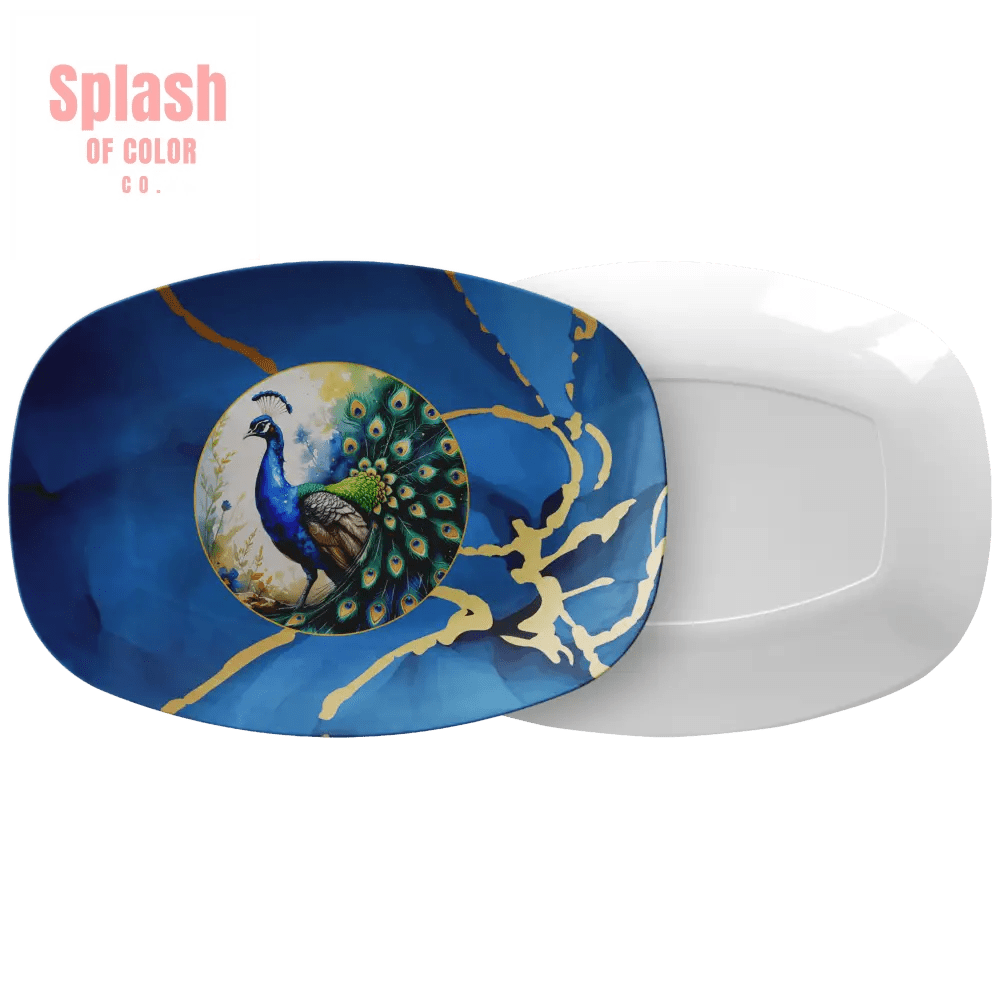 Floral Blue Peacock Marbled Watercolor With Gold Accents Hosting Platter - Splash of Color co.