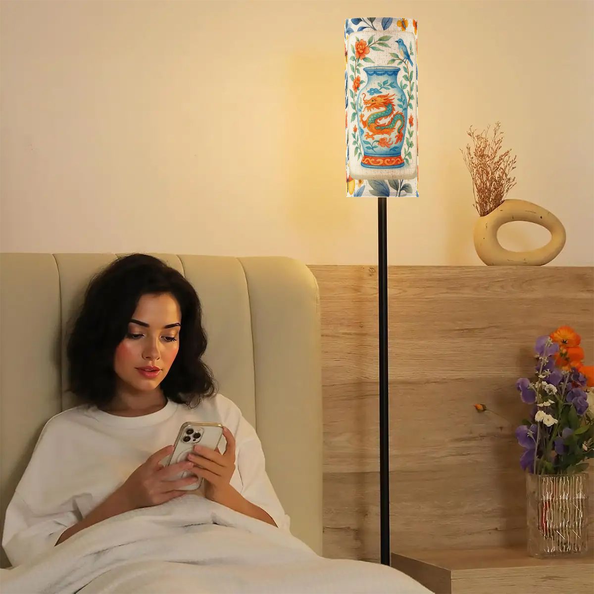 Floral Dragon Birds Orange Blue Yellow Asian Designed Corner Reading Floor Lamp - One Size - Floor Lamps