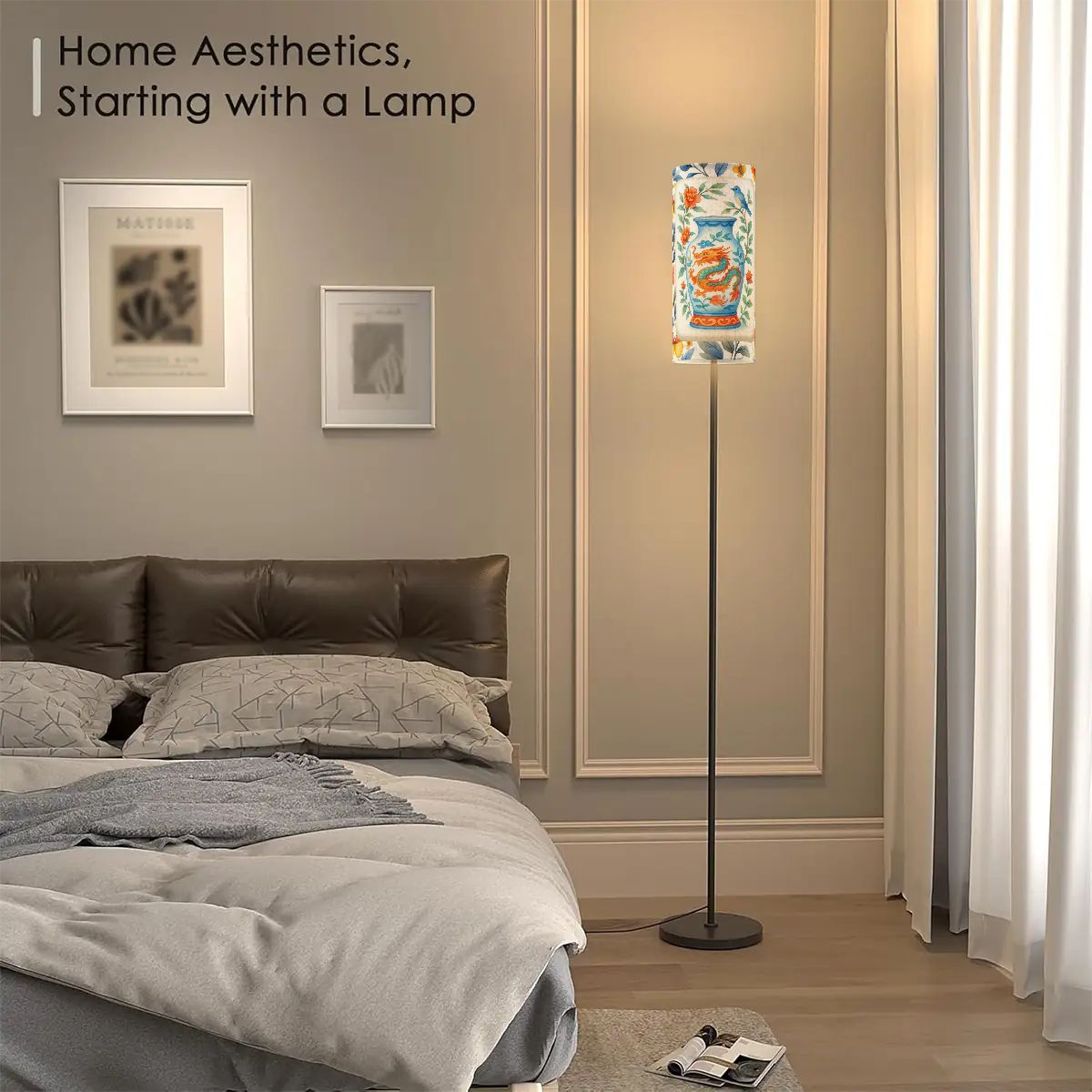 Floral Dragon Birds Orange Blue Yellow Asian Designed Corner Reading Floor Lamp - One Size - Floor Lamps