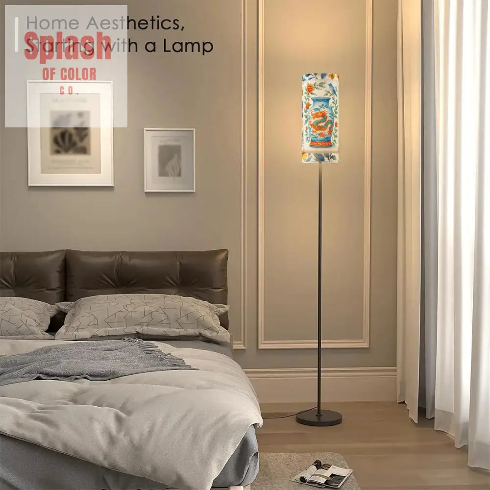 Floral Dragon Birds Orange Blue Yellow Asian Designed Corner Reading Floor Lamp - One Size - Floor Lamps