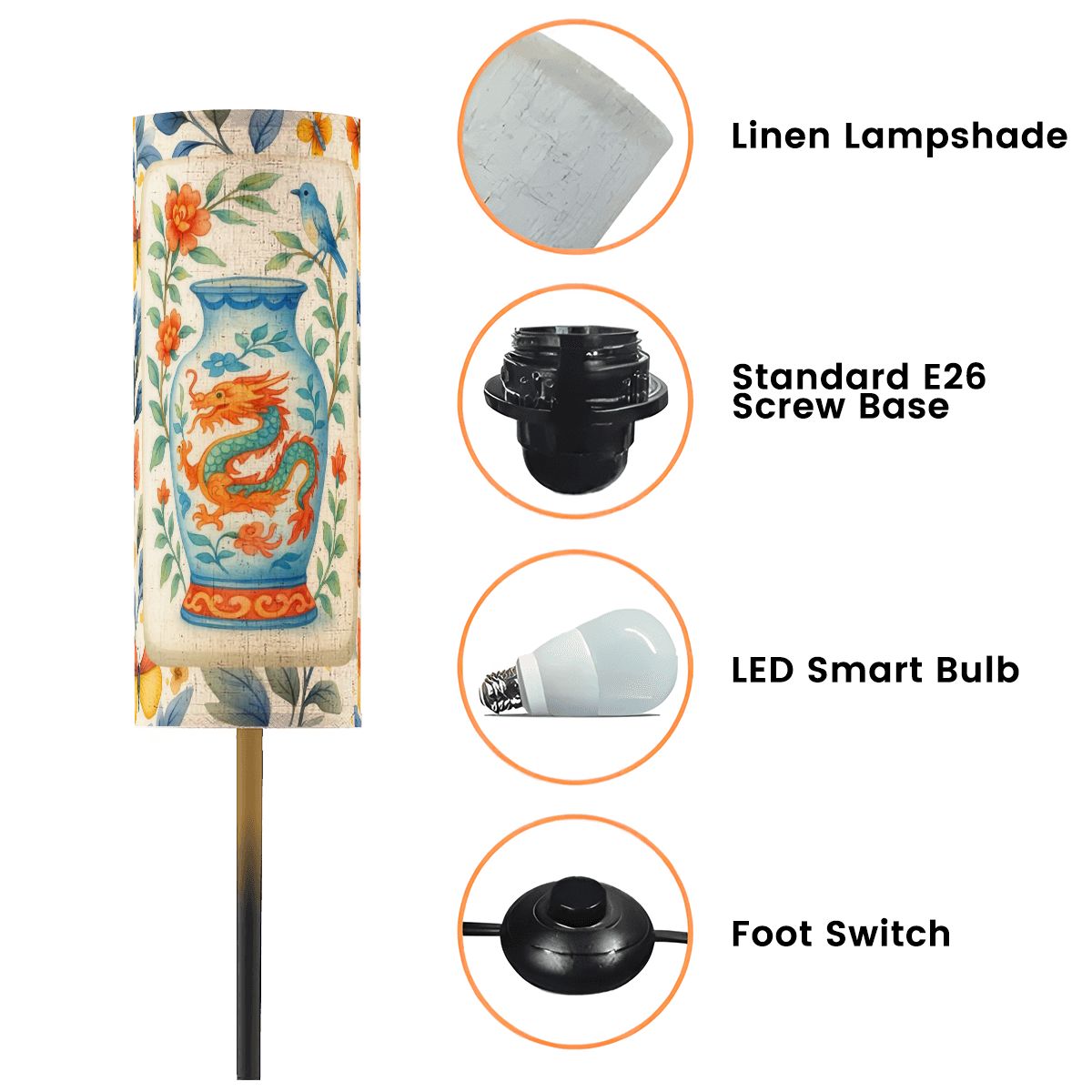 Floral Dragon Birds Orange Blue Yellow Asian Designed Corner Reading Floor Lamp - One Size - Floor Lamps