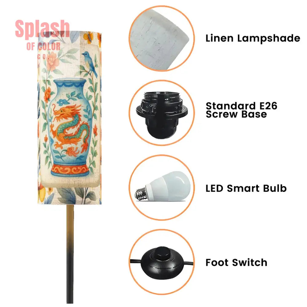 Floral Dragon Birds Orange Blue Yellow Asian Designed Corner Reading Floor Lamp - One Size - Floor Lamps