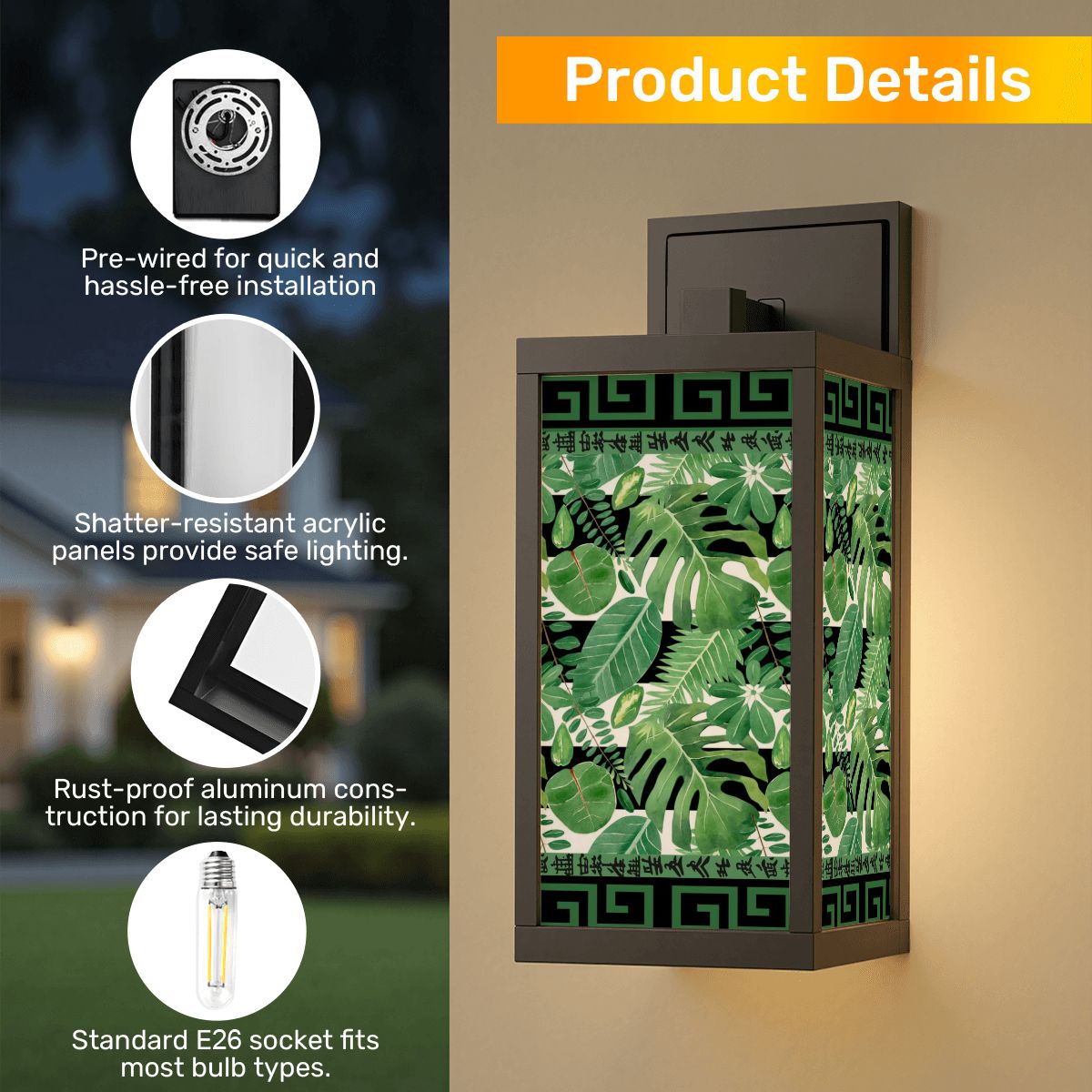Floral Green Black Asian Zen Designed Garden Patio Wall Light Sconce - One Size - Wall Lighting
