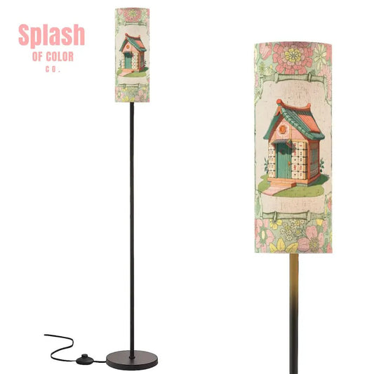 Floral Heritage Mahjong House, Whimsical Green, Pink Book Book Preppy Floor Lamp - Splash of Color co.