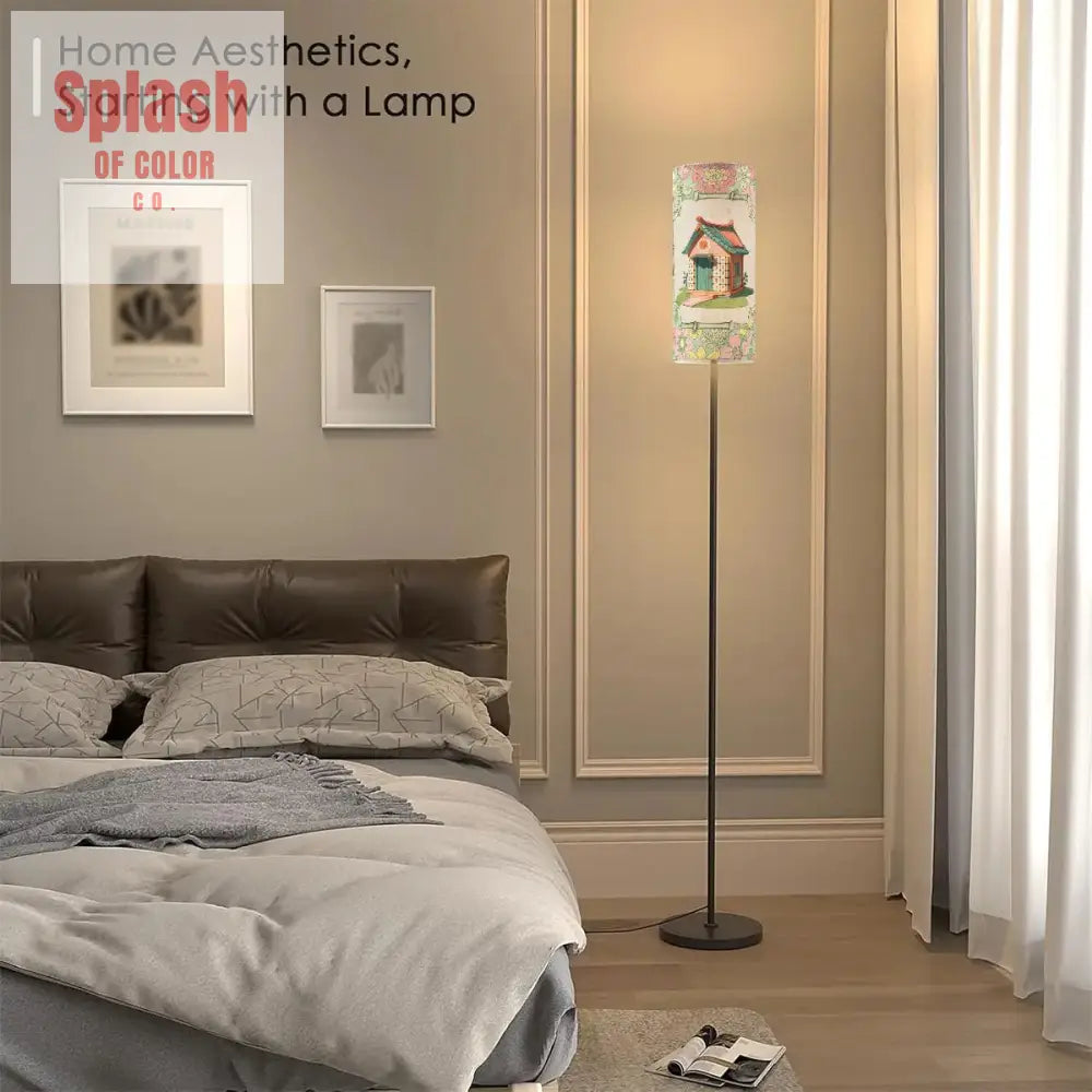 Floral Heritage Mahjong House Whimsical Green Pink Book Book Preppy Floor Lamp One Size Floor Lamps