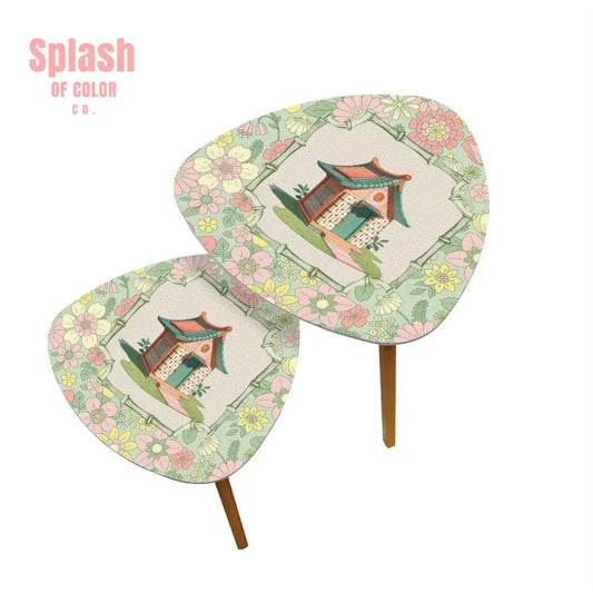 Floral Heritage Mahjong Nesting Tables, Whimsical Mahj House Pink Green Preppy Tables - Splash of Color co.