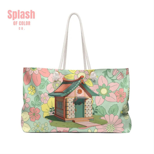 Floral Heritage Mahjong Tote Bag Cottage Weekender Bag, Green Pink Preppy Whimsical Mahj Gift - Splash of Color co.