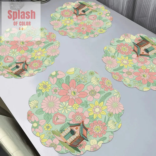 Floral Heritage Whimsical Mahj Tile House Cottage Green Pink Placemat Set - Splash of Color co.