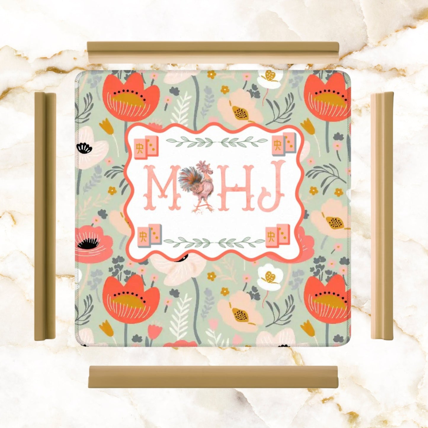 Floral Poppy Mahjong Mat Preppy Orange Green Pretty Mahj Mat - 31.5’’x31.5’’ - Daily Accessories