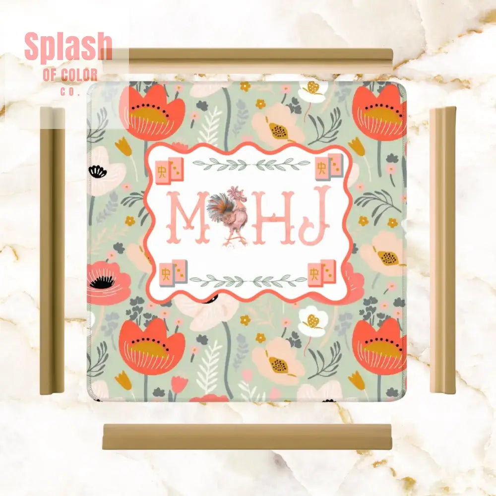 Floral Poppy Mahjong Mat Preppy Orange Green Pretty Mahj Mat - 31.5’’x31.5’’ - Daily Accessories