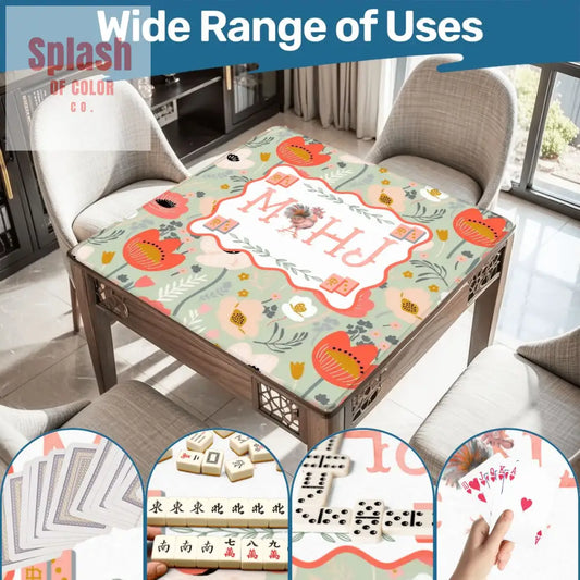 Floral Poppy Mahjong Mat Preppy Orange Green Pretty Mahj Mat - 31.5’’x31.5’’ - Daily Accessories