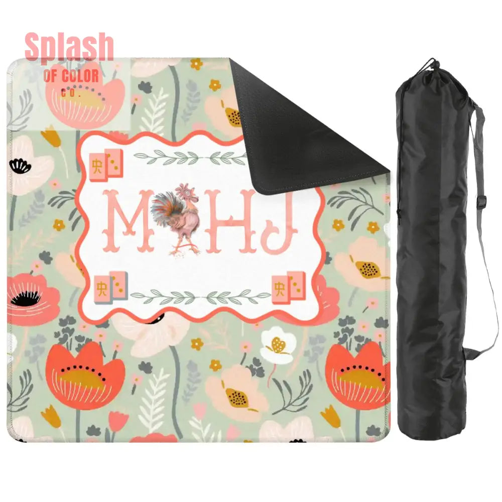 Floral Poppy Mahjong Mat Preppy Orange Green Pretty Mahj Mat - 31.5’’x31.5’’ - Daily Accessories