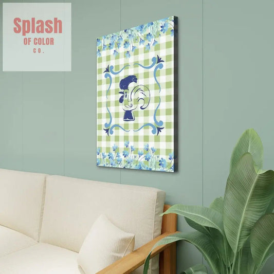 Floral Rooster Green And White Gingham Canvas Wall Art - Splash of Color co.