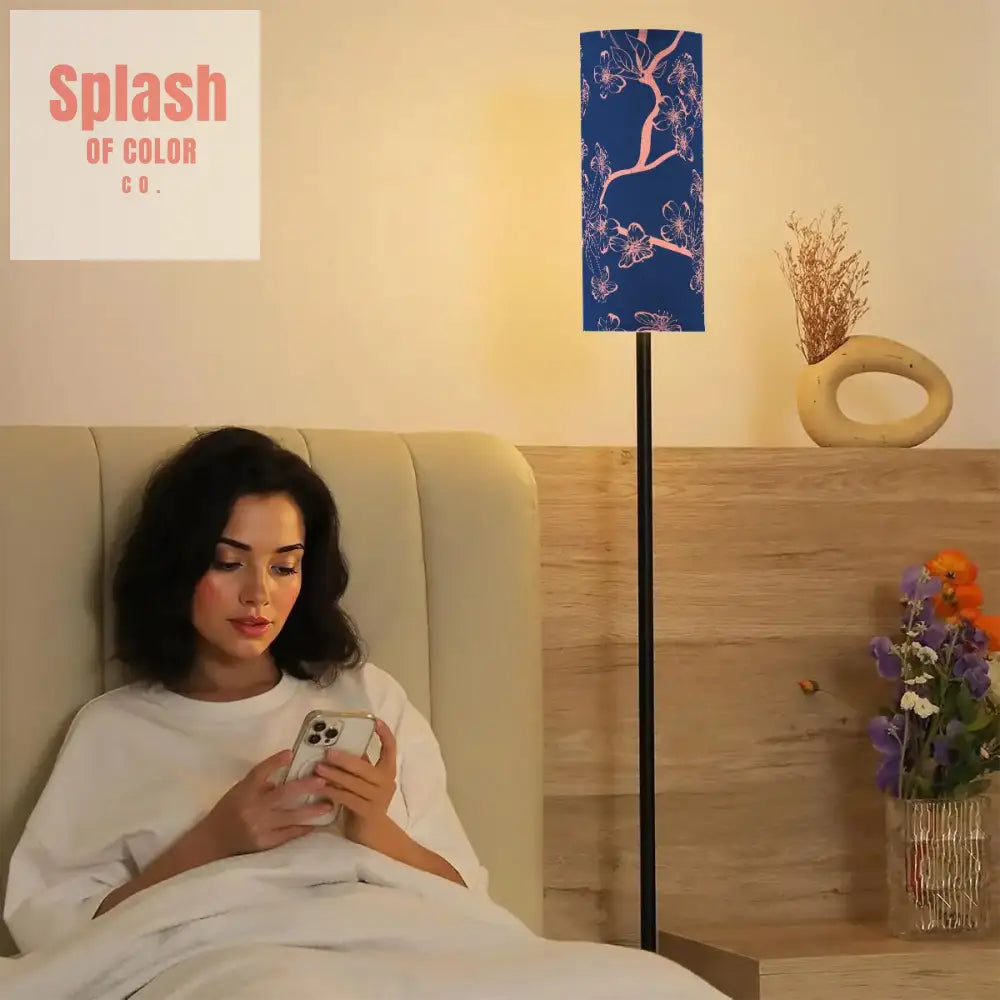 Floral Royal Blue Pink Asian Zen Reading Nook Floor Lamp Modern Standing Lamp One Size Floor Lamps