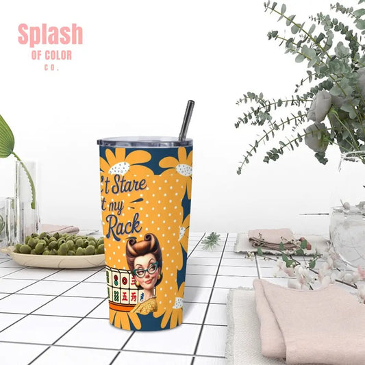 Funny Mahjong Cheeky Don't Stare At My Rack, Blue Yellow Floral Polka Dot Stainless Steel Insulated Tumblers with Lid & Straw - Splash of Color co.