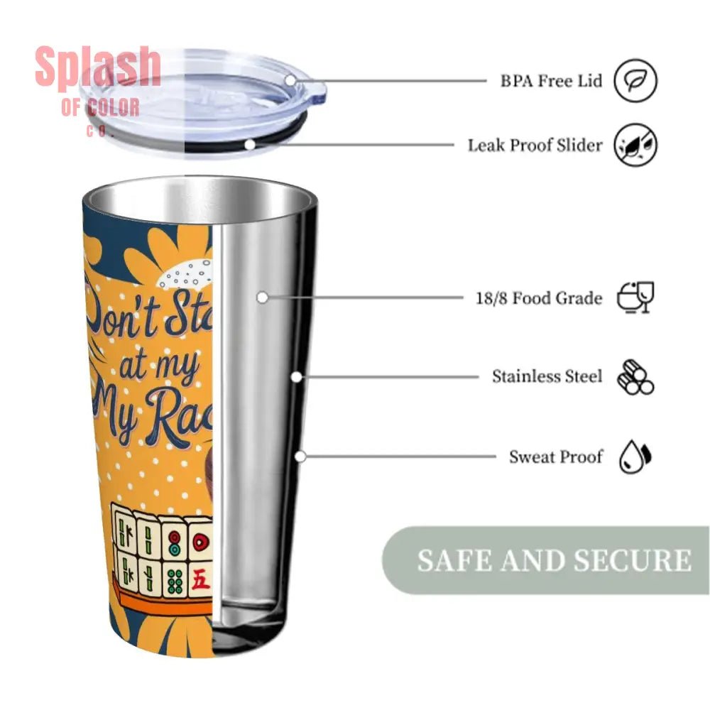 Funny Mahjong Cheeky Don't Stare At My Rack, Blue Yellow Floral Polka Dot Stainless Steel Insulated Tumblers with Lid & Straw - Splash of Color co.