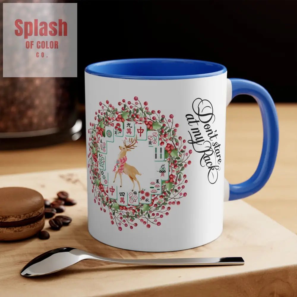 Funny Mahjong Christmas Mug Don’t Stare At My Rack Mahj Tiles Reindeer Festive Mahj Mug for Holiday Cheer - 11oz Accent