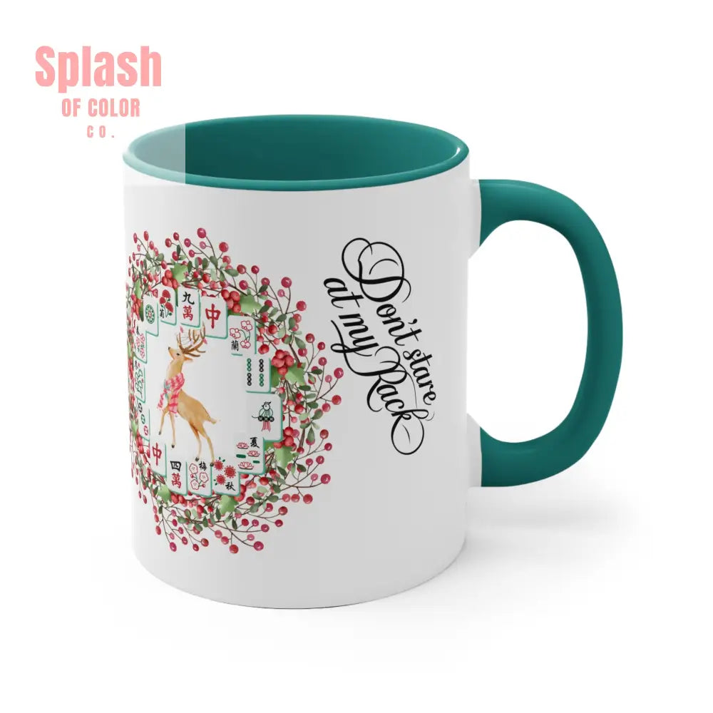 Funny Mahjong Christmas Mug Don’t Stare At My Rack Mahj Tiles Reindeer Festive Mahj Mug for Holiday Cheer - 11oz Accent