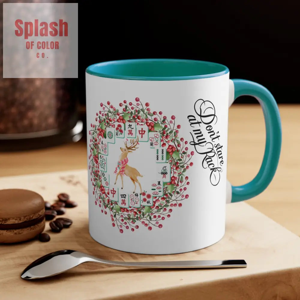 Funny Mahjong Christmas Mug Don’t Stare At My Rack Mahj Tiles Reindeer Festive Mahj Mug for Holiday Cheer - 11oz Accent