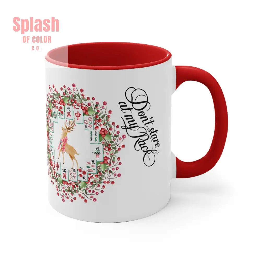 Funny Mahjong Christmas Mug Don’t Stare At My Rack Mahj Tiles Reindeer Festive Mahj Mug for Holiday Cheer - 11oz Accent