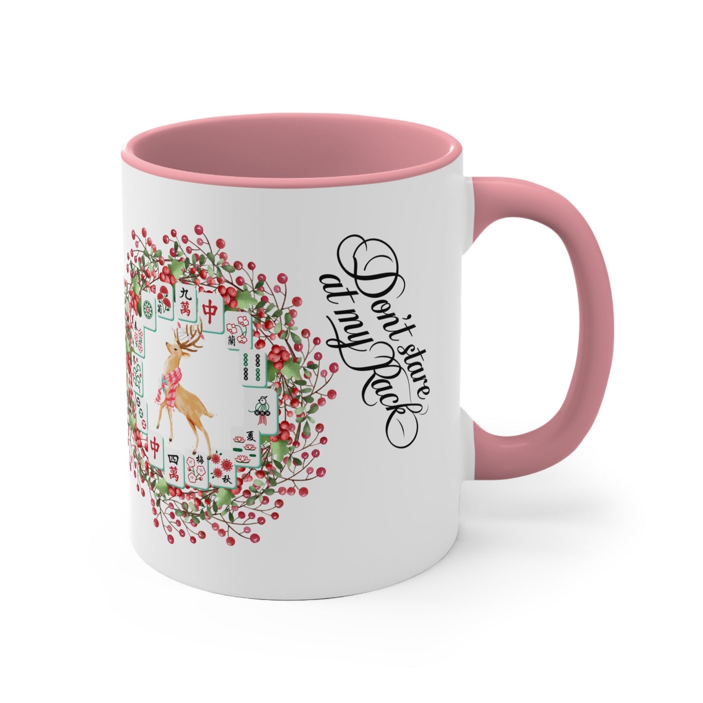 Funny Mahjong Christmas Mug Don’t Stare At My Rack Mahj Tiles Reindeer Festive Mahj Mug for Holiday Cheer - 11oz Accent