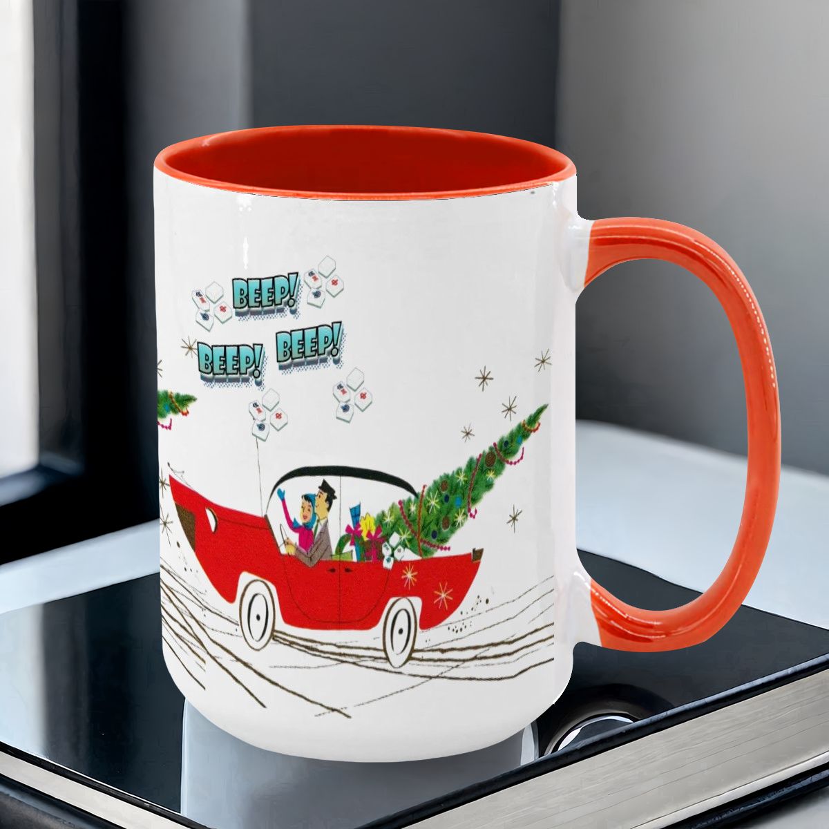Funny Mahjong Christmas Mug Nostalgic Christmas Beep Beep Large Mug (15oz) - Drinkware