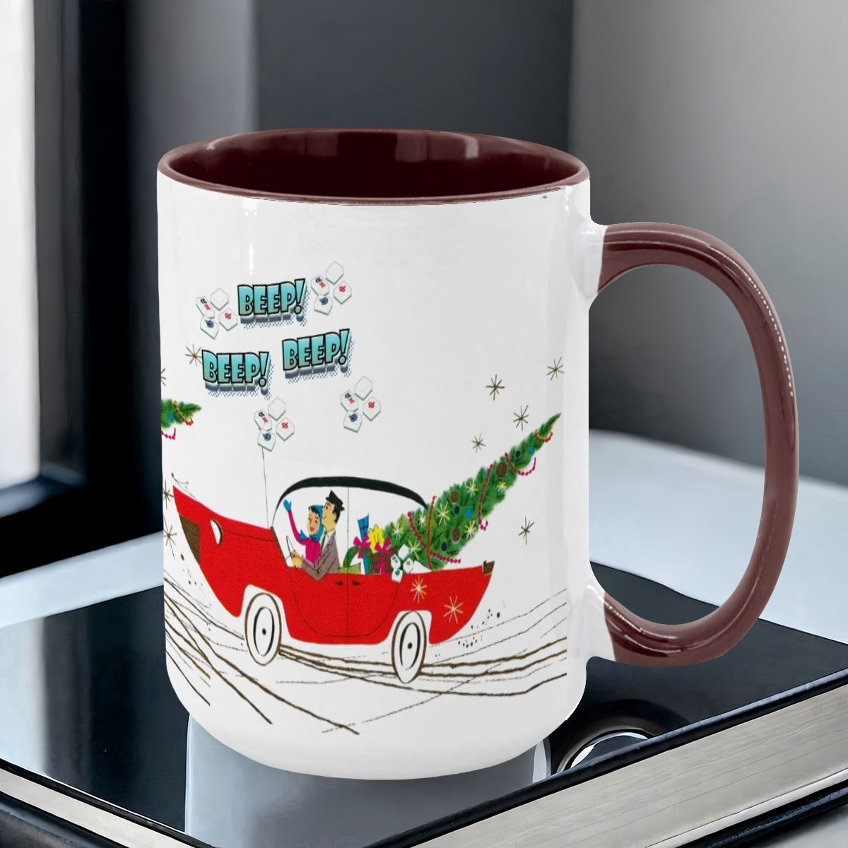 Funny Mahjong Christmas Mug Nostalgic Christmas Beep Beep Large Mug (15oz) - Drinkware