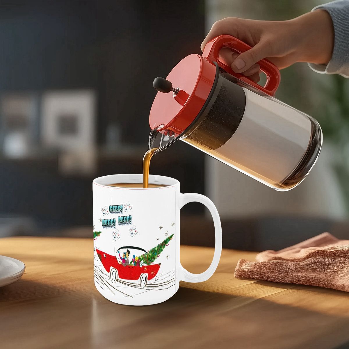 Funny Mahjong Christmas Mug Nostalgic Christmas Beep Beep Large Mug (15oz) - Drinkware