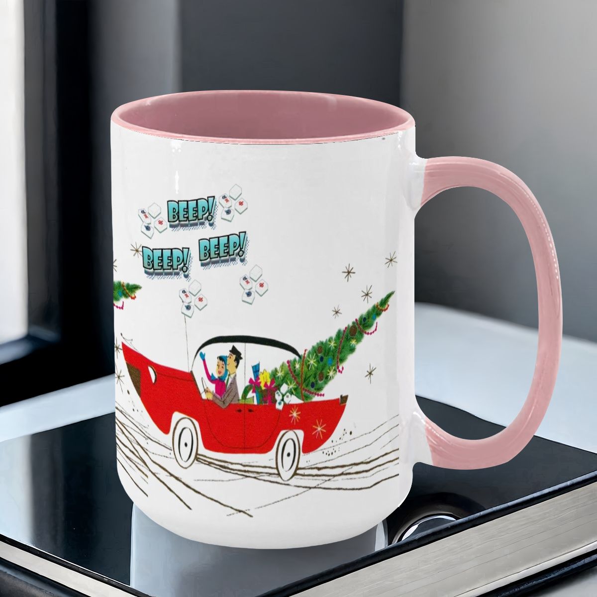 Funny Mahjong Christmas Mug Nostalgic Christmas Beep Beep Large Mug (15oz) - Drinkware