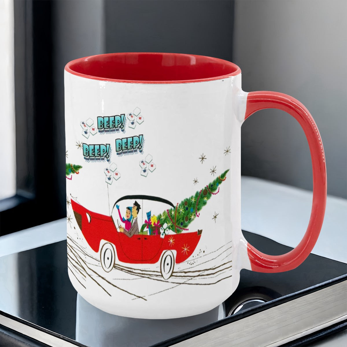 Funny Mahjong Christmas Mug Nostalgic Christmas Beep Beep Large Mug (15oz) - Drinkware